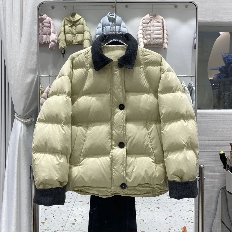 Winter High Quality Lapel Splice Down Jacket Women White Duck Down Single-breasted Outwears Female Thicken Warm Parker Jacket