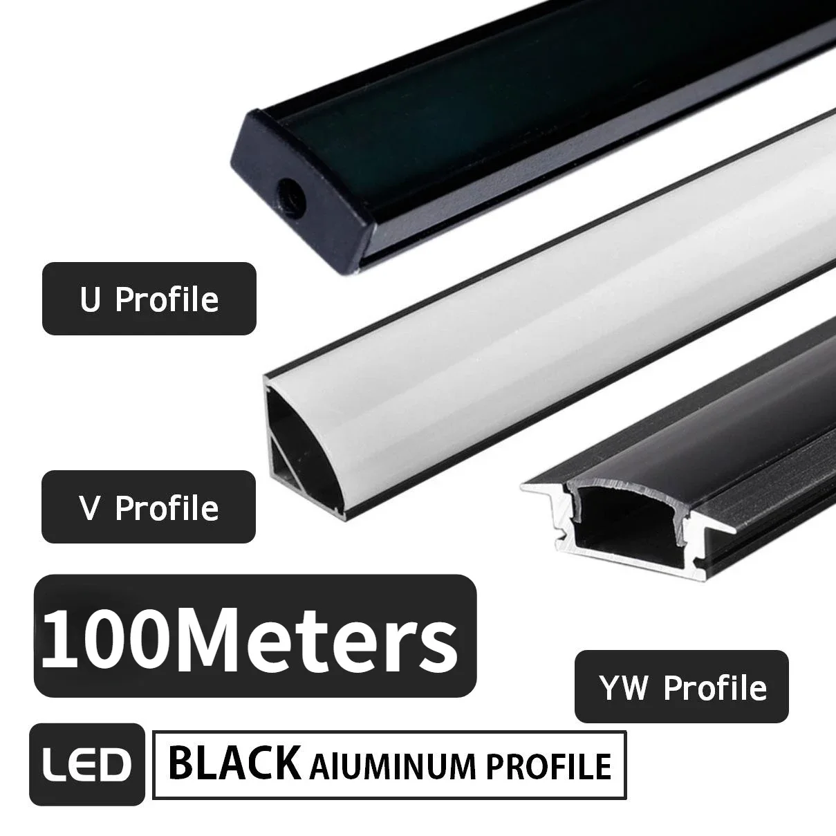 Perfiles de aluminio LED estilo V/U/W de 100 piezas para iluminación de gabinetes: canales de barra de luz con cubiertas transparentes/ lechosas/negras