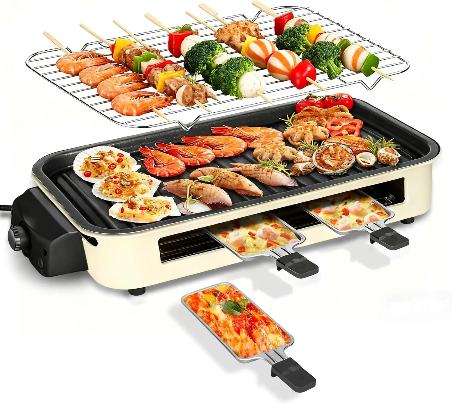 

1500W 2-in-1 Smokeless Indoor Grill & Griddle with Temp Control & 3 Raclette Pans