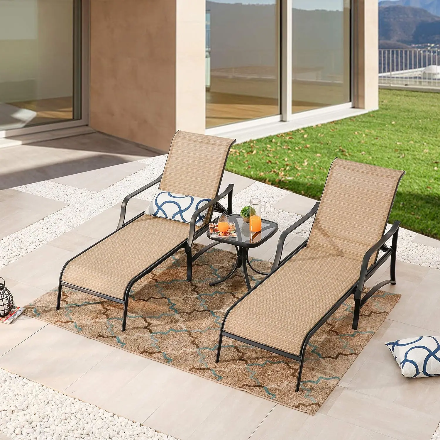 LOKATSE HOME Outdoor Patio Adjustable Metal Chaise Lounge Chair Recliner Set of 2 with 1 Glass Top Bistro Table, Beige