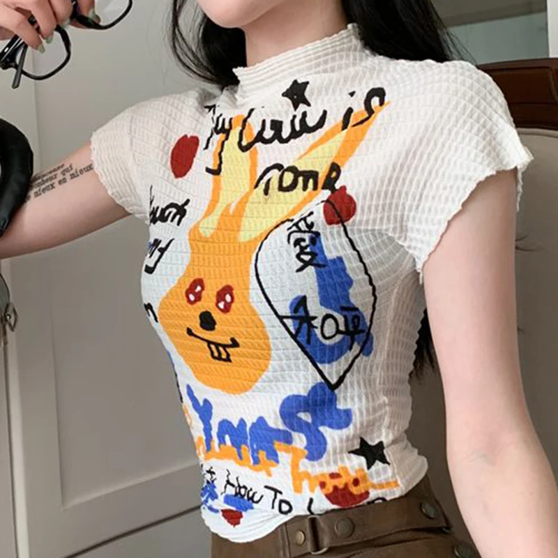 Printed Atmosphere Short Sleeve Top Women's Summer Hong Kong Style Retro Graffiti T-shirt Trend  harajuku  vintage