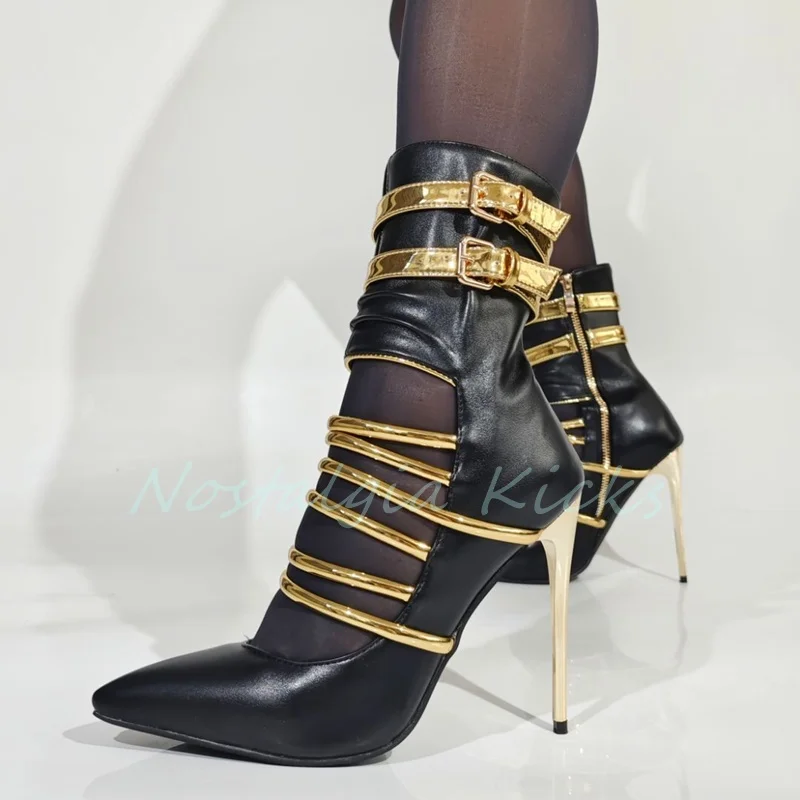 

Women's Casual Black Hollow Ankle Boots 2025 New Golden Belt Buckle Straps Pointed Toe Boots Summer Stiletto Heel Side Zip Botas