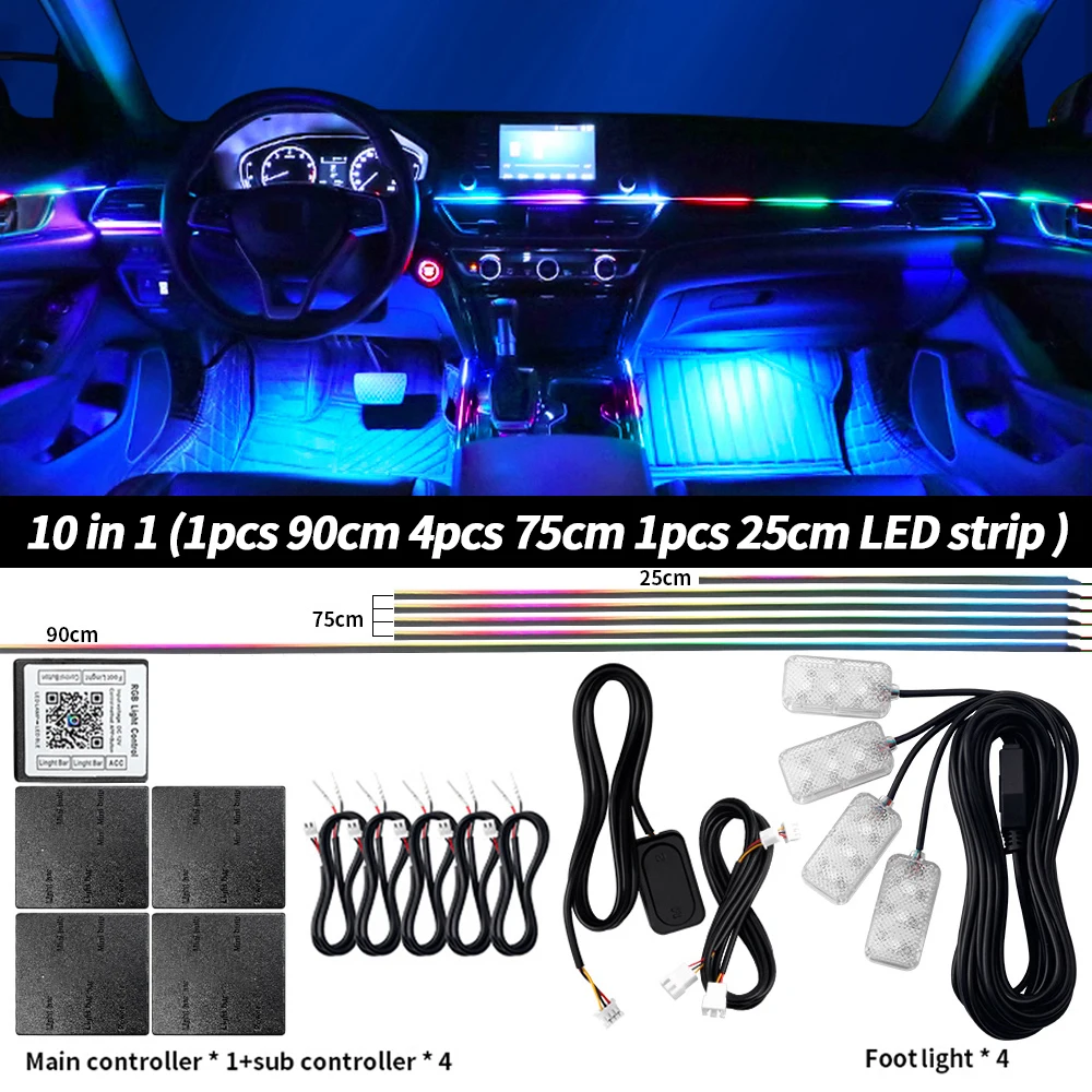 18-in-1-LED-Symphonie-Umgebungslichter für den Autoinnenraum, Vollfarb-Streamer, RGB, 64 Farben, Neon-Acryl-Streifen, Dekoration, Atmosphärenlampe
