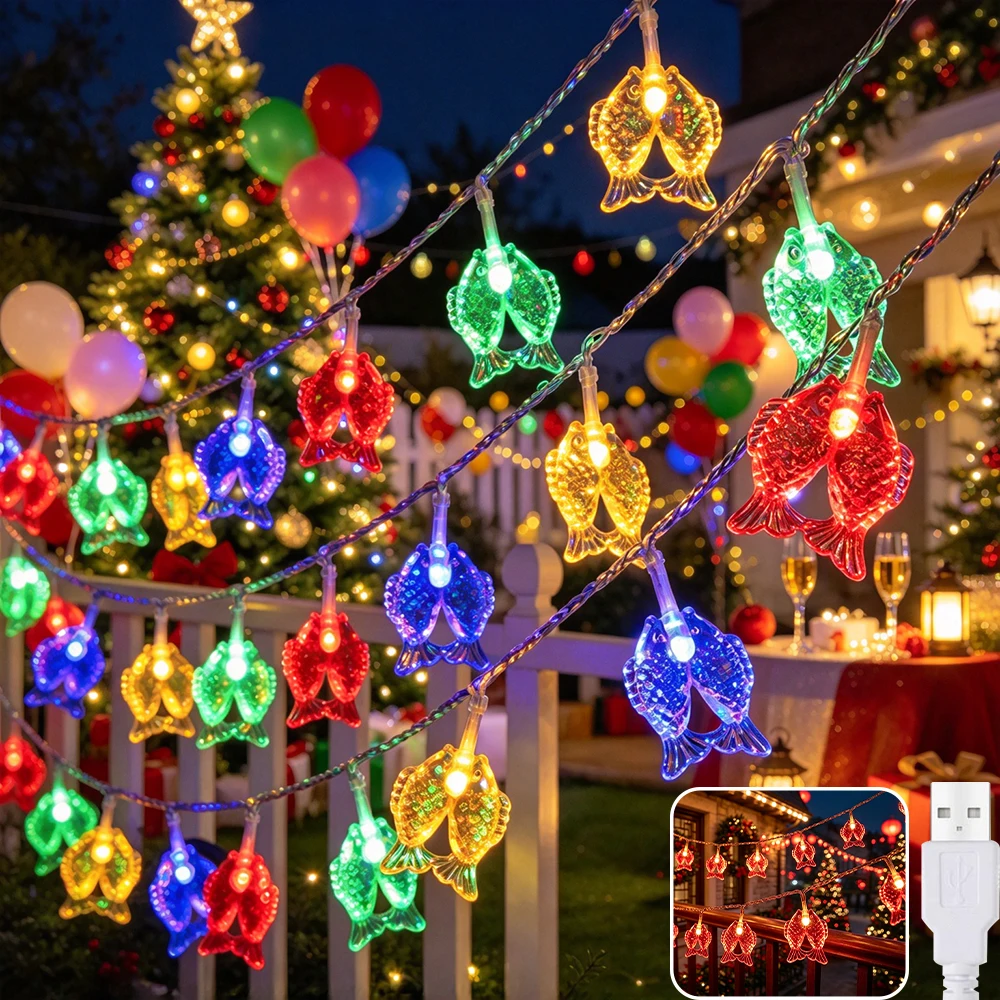 1pc LED Pair Fish String Lights, 6M 40LED USB Chinese Style String Lights for New Year, Spring Festival, Christmas, Party Decor