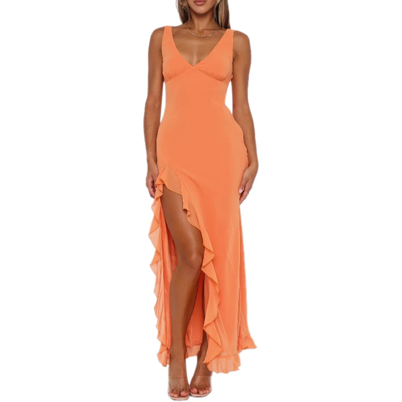 Summer Boho Maxi Dresses For Women 2024 Sexy V Neck Backless Ruffles Long Dress Female Slim Split Beach Flowy Dresses Vestido