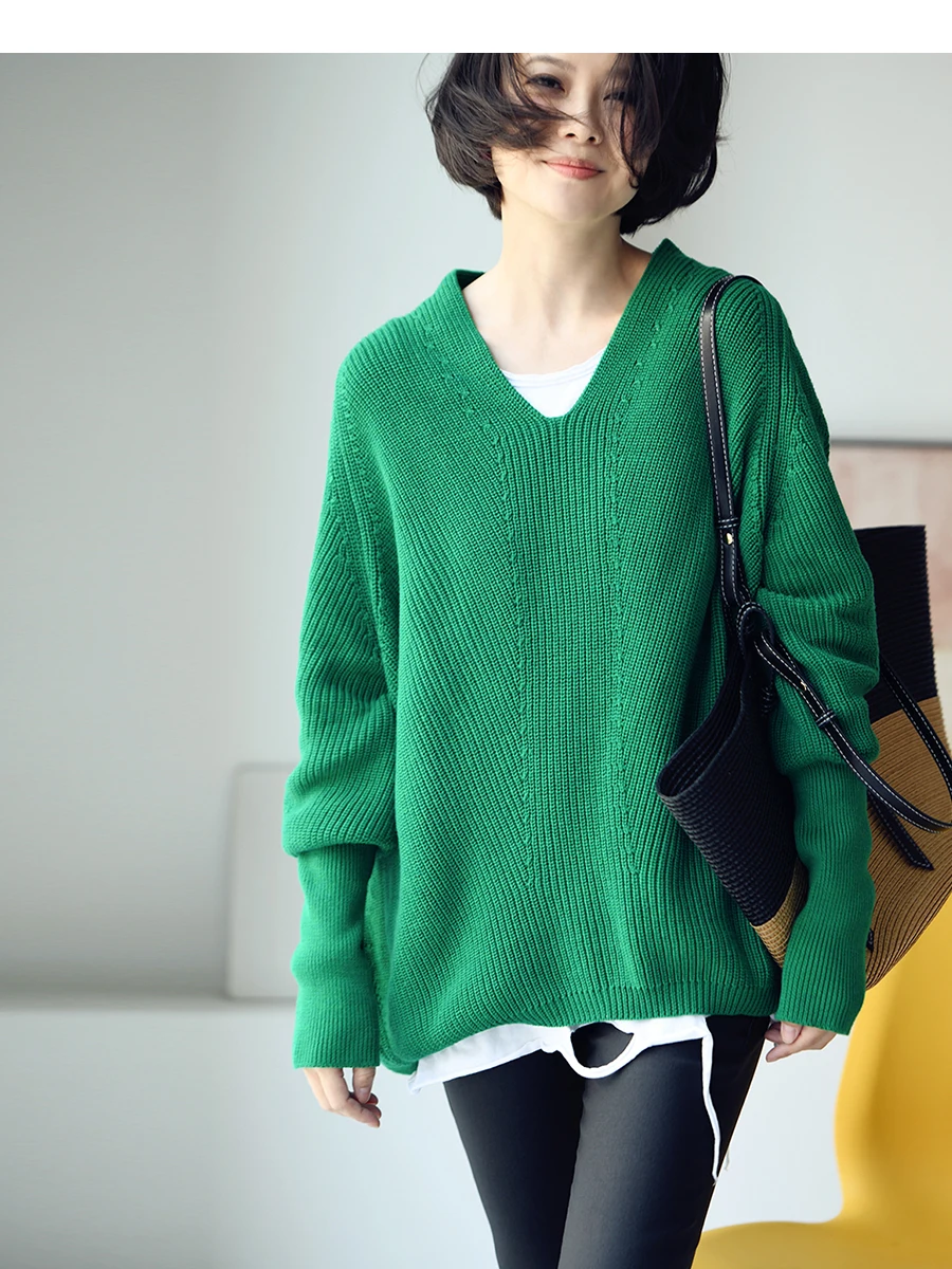 

Z8160C Milan Declaration Women's Knitted V-Neck Loose Batwing Sleeve Sweater Comfortable Cotton Long Sleeve Warm Spring Fashion