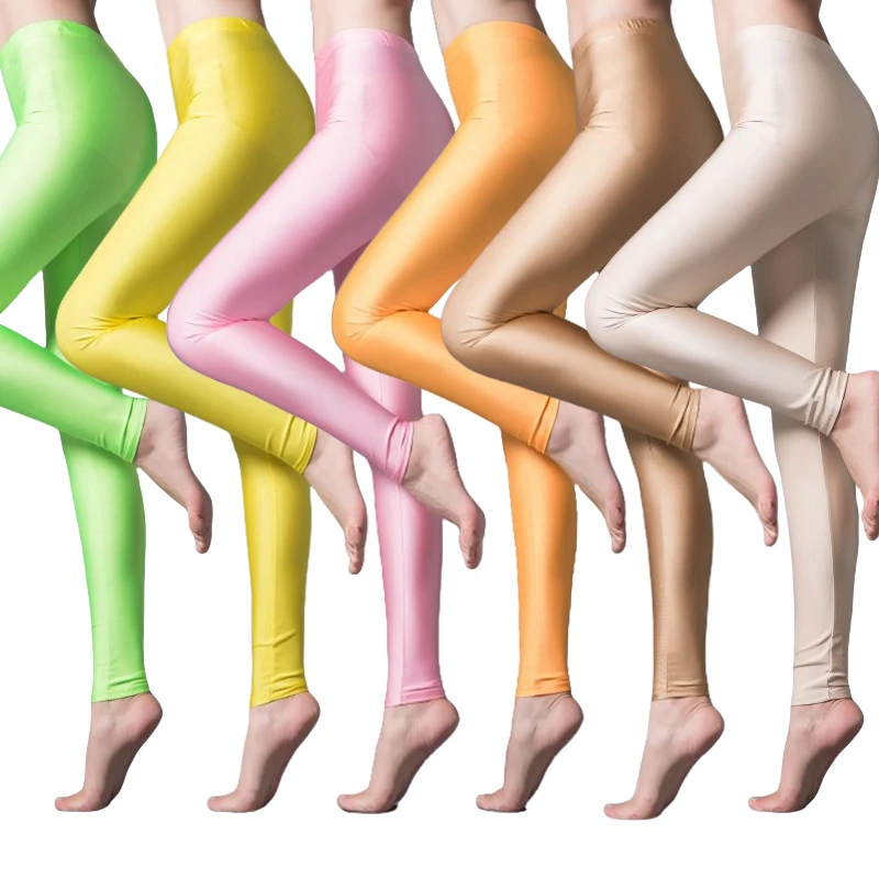 Women\'s Neon Green Neon Yellow Show Slim Leggings Shiny High Stretch Push Up Pants Performance Glossy Opaque Show Tights 50-80kg