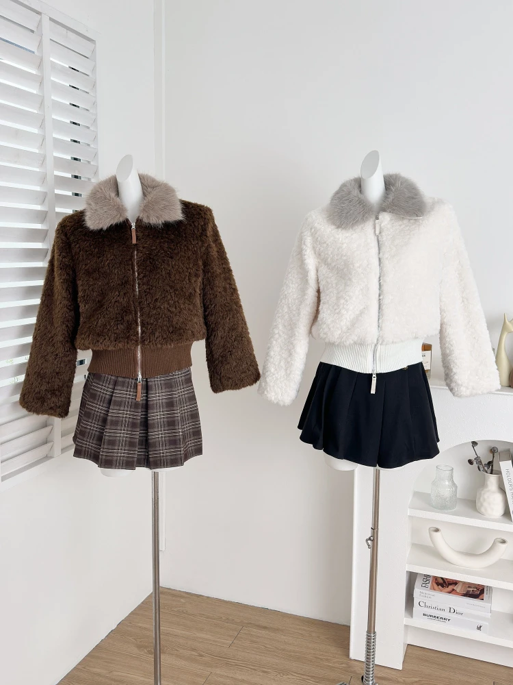 Inverno coreano moda curto falso shearling jaqueta feminina solto ajuste manga longa quente casaco macio gola de pele estilo doce chiques topos