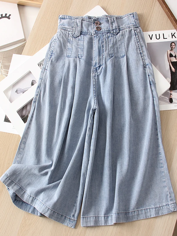 

Широкие джинсы с высокой талией, юбка-миди, удобная крутая драпировка, летняя новинка, женская модная тонкая джинсовая ткань светлого цвета