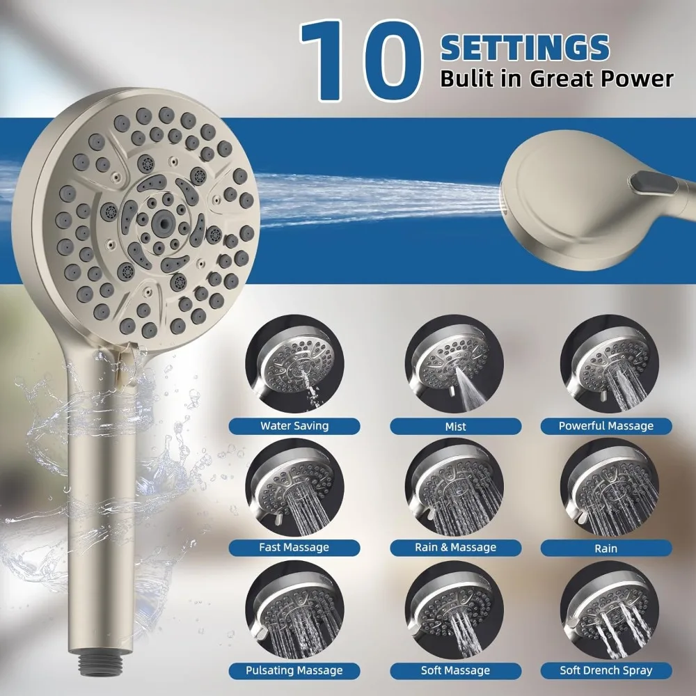 Cabeça de chuveiro portátil de alta pressão com 12 configurações totalmente metálica com 10 opções de spray e extensão de chuveiro ajustável de 11 pés