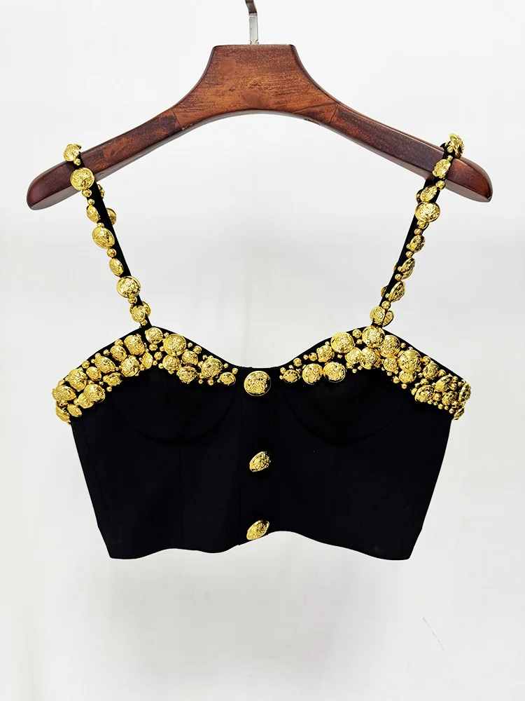 HIGH STREET-Conjunto de traje de diseñador para mujer, camisola con decoración de botones dorados, Top, minifalda, 2 uds., 2025, nueva moda