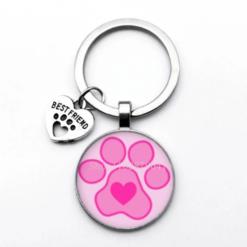 Fashion Jewelry Glass Pendant Alloy Keychain Cute Pets Dog Paw Print Charming Classic Gift