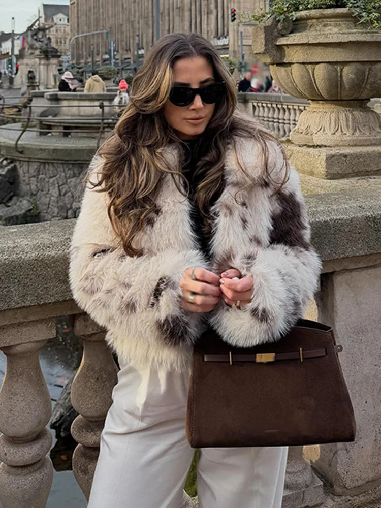 HH Woman Fashion Long Sleeves Lapel Hidden Buckle Animal Print Faux Fur Effect Short Coat Female Street Casual Winter Jacket