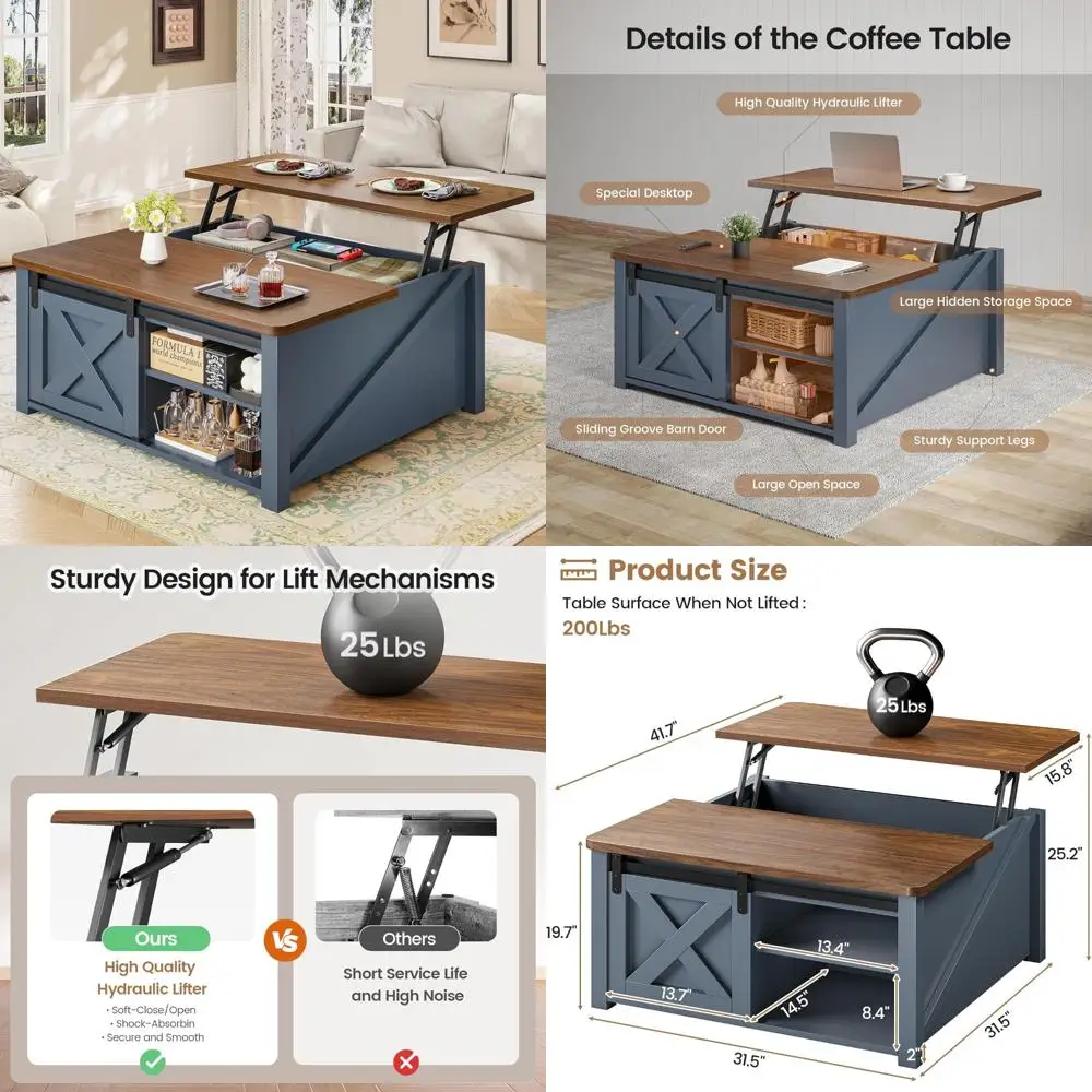 โต๊ะกาแฟทรงสี่เหลี่ยมสไตล์บ้านไร่พร้อมที่ยกและที่เก็บของสำหรับห้องนั่งเล่น พื้นที่เก็บของขนาดใหญ่ที่ซ่อนอยู่