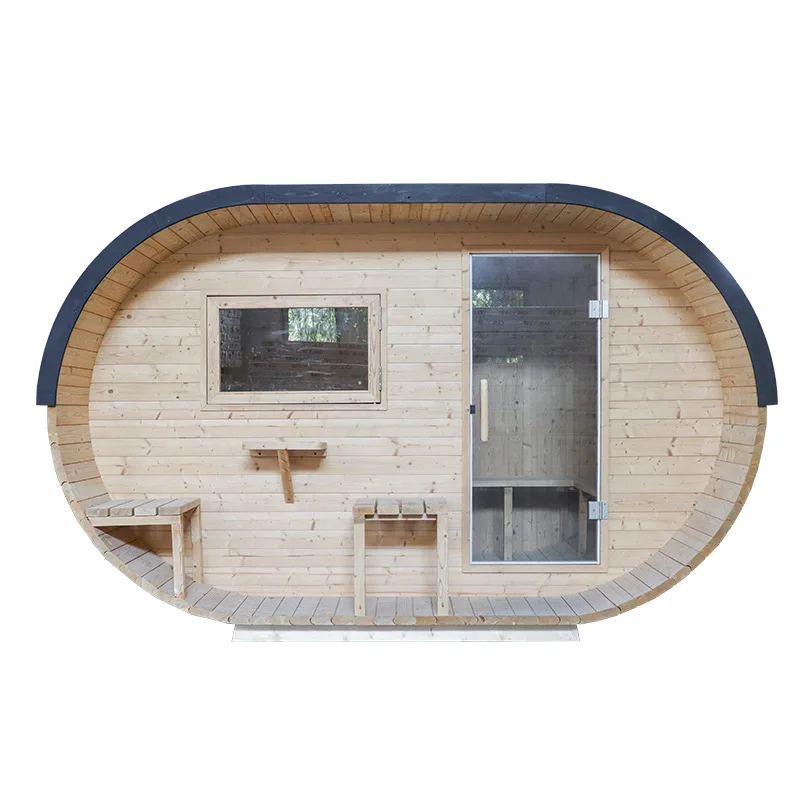log color oval barrel sauna, household multi-person dry steam room, outdoor courtyard solid wood steam room with glass
