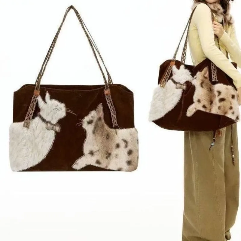 New Autumn Winter Velvet Cat Environmentally Friendly Embroidery Fashionable Large Capacity Tote Shoulder Bag Wholesale Women