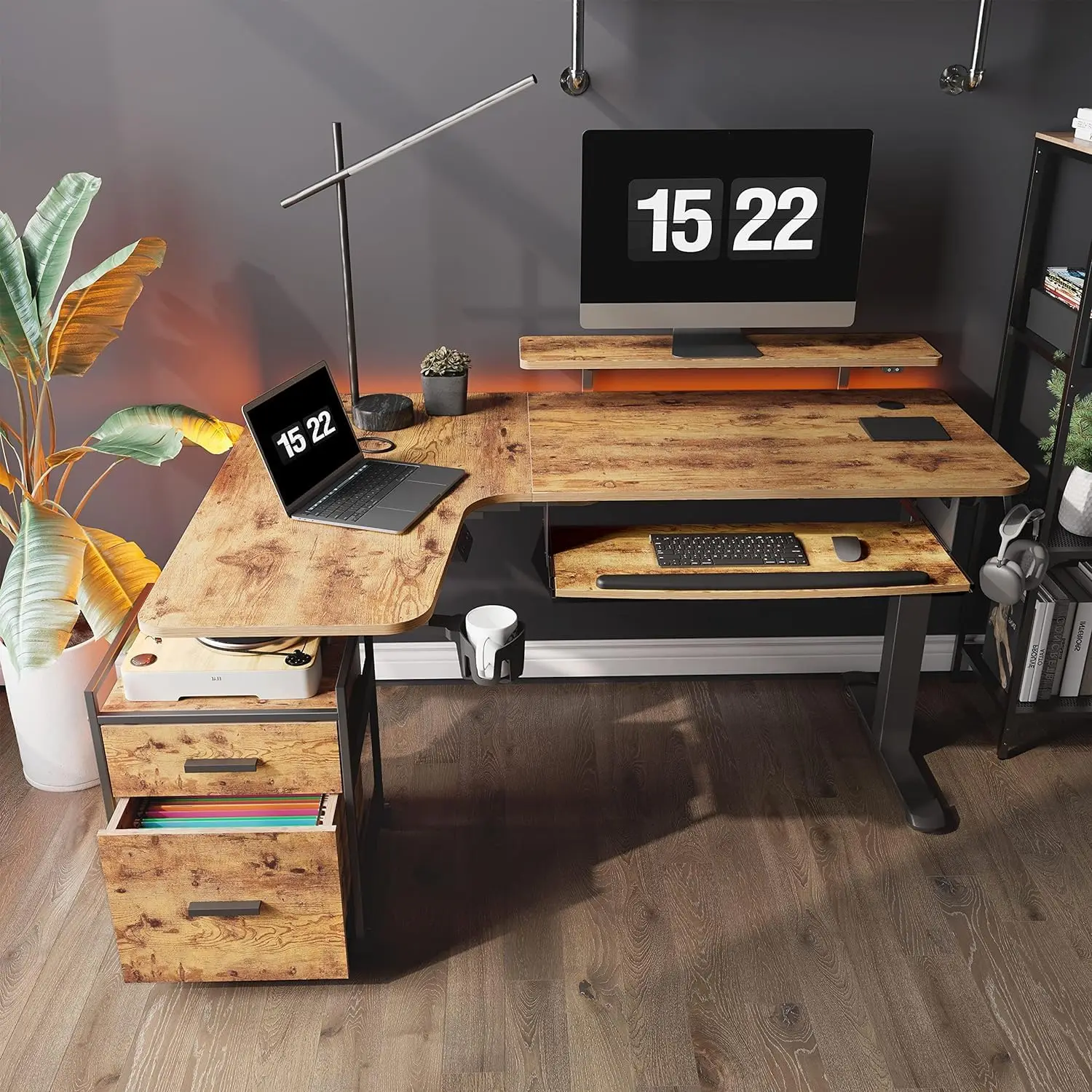 L Shaped Electric Standing Desk W Keyboard Tray, Height Adjustable Corner Computer Desk W Monitor Stand & LED, Customized