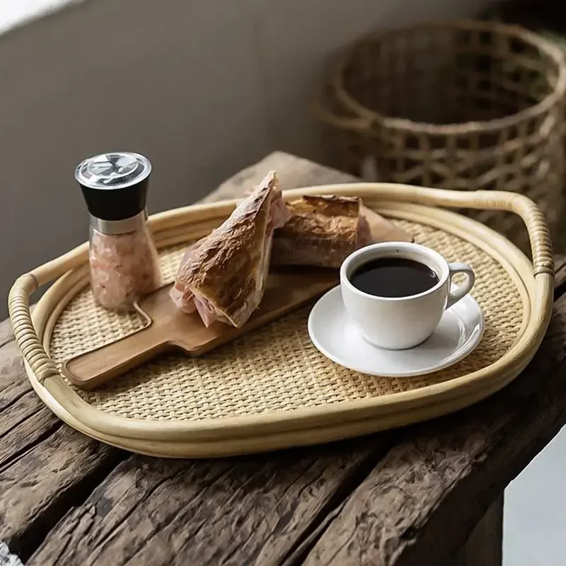 

Nordic Wood Storage Tray Natural Rattan Weaving Breadbasket Cafe Bakery Food Tray Delicate Practical Dim Sum Plate