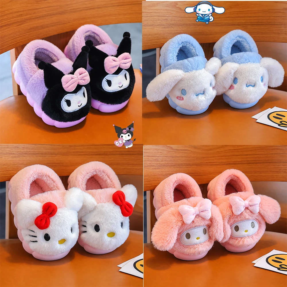

Anime Kuromi Autumn/winter Children's Slippers Plush Cute Sanrio Cartoon Soft Sole Non-Slip Warm Indoor Home Cotton Shoes Gifts