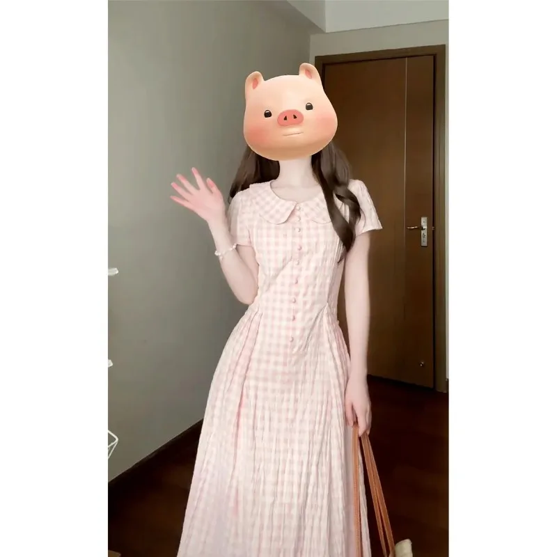 Women's Pink Gingham Peter Pan Collar Midi Dress Casual Short Sleeve Button Front Pleated A-Line Long Dresses view 5
