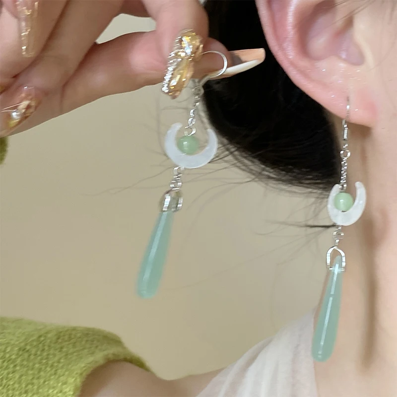 Retro Hollow Out Lotus Jade Ancient Earrings Chinese Style Earrings Women Ear Drop Ear Accessories