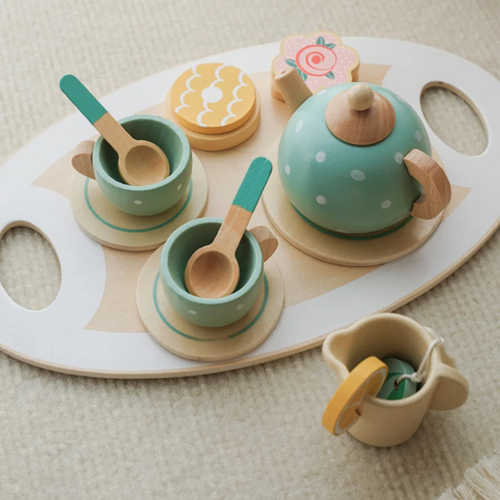 Household Tea Set Toys Preschool Childrens Kids Kitchen Playset Wooden Miniature Teaware