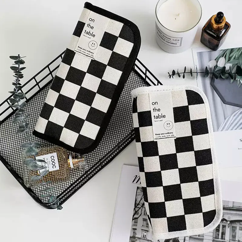 Simple Black and White Plaid Canvas Pencil Case School pencil case Kawaii Stationery Storage Bag aesthetic stationery