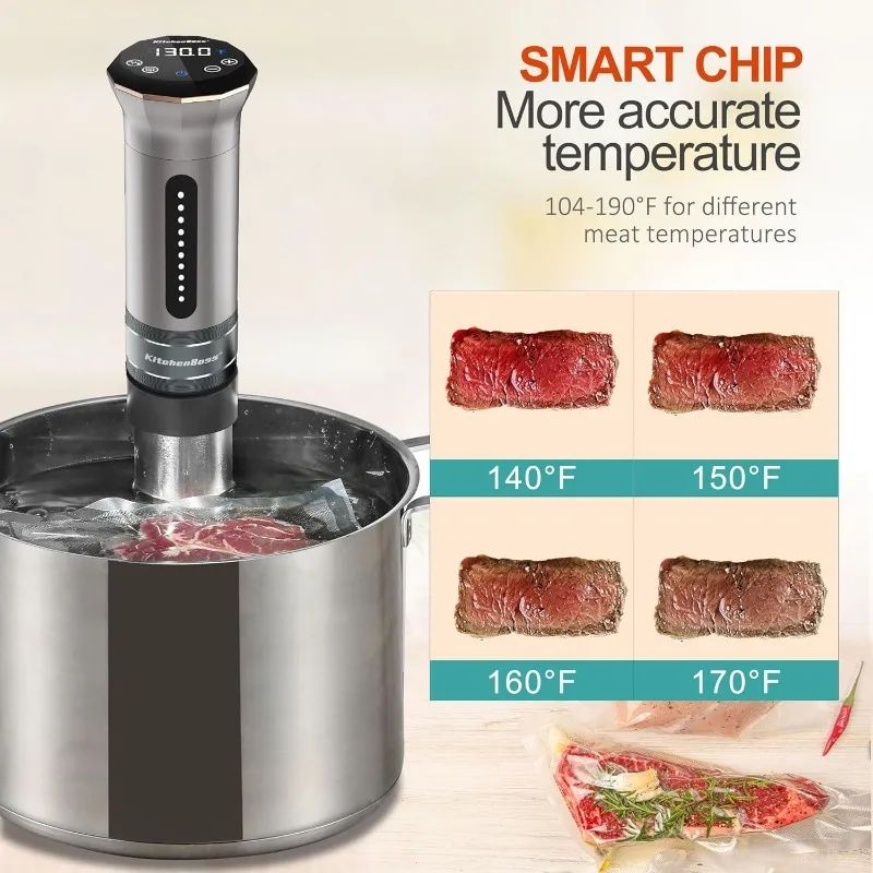 KitchenBoss Macchina per fornelli Sous Vide: Circolatore ad immersione termica ad acqua impermeabile ultra silenzioso da 1100 W IPX7 Temperatura accurata