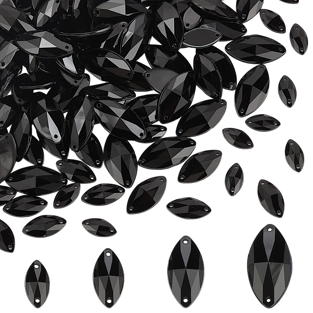 120 Pcs Flat Backed Sew on Beads 12/15/18/21mm Black Sew on Mirror Rhinestones Acrylic Sew-on Stone Horse Eye Shape Sew-on Beads