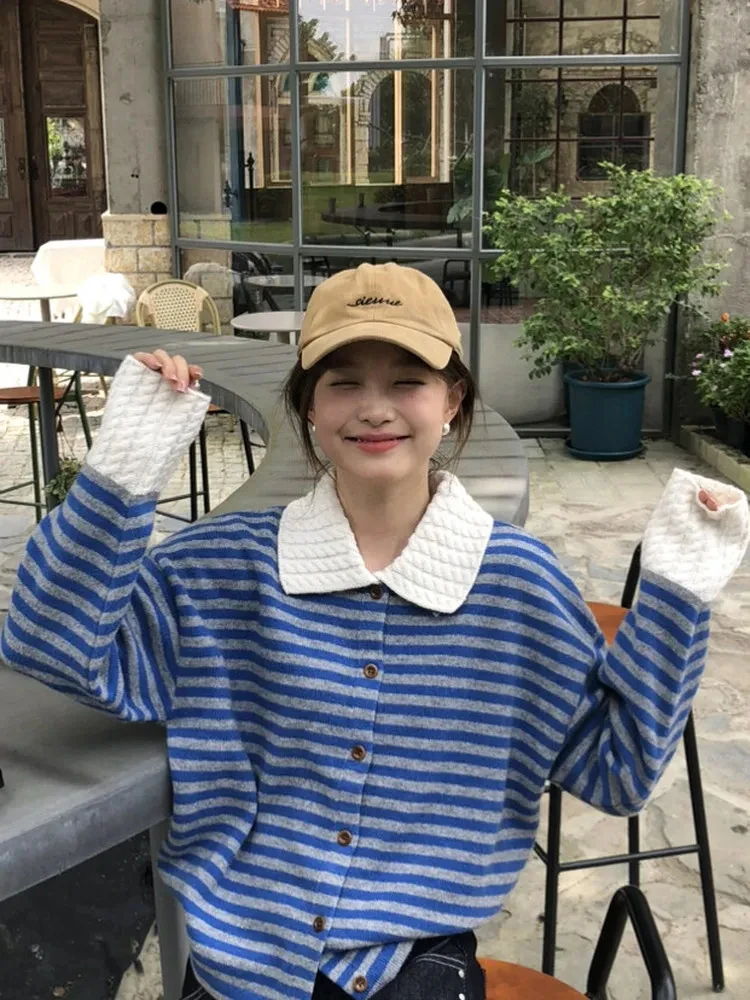 

Blue Striped Knit Cardigan Women Vintage Patchwork Button Long Sleeve Pullovers Harajuku Loose Casual Lazy Wind Korean Outwear
