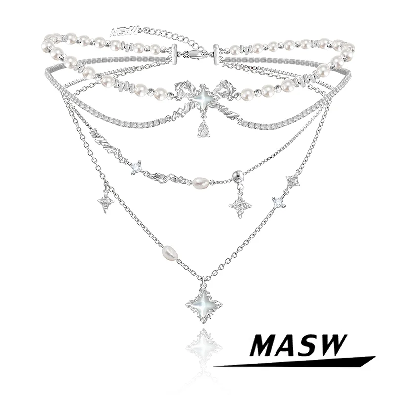 

MASW Original Design Elegant Temperament Glass Simulated Pearl Star Multi Layer Necklace For Women Girl Fashion Jewelry 2024 New