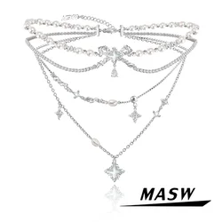 MASW Original Design Elegant Temperament Glass Simulated Pearl Star Multi Layer Necklace For Women Girl Fashion Jewelry 2024 New
