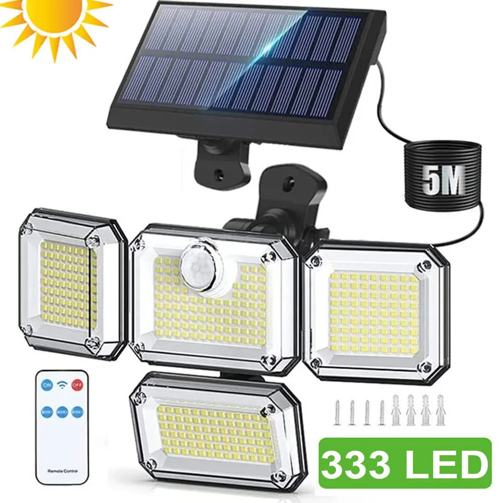 Luz alimentada por energía Solar para exteriores, impermeable, Sensor de movimiento, 2000LM, 333 LED, farola de seguridad, candelabro, focos para