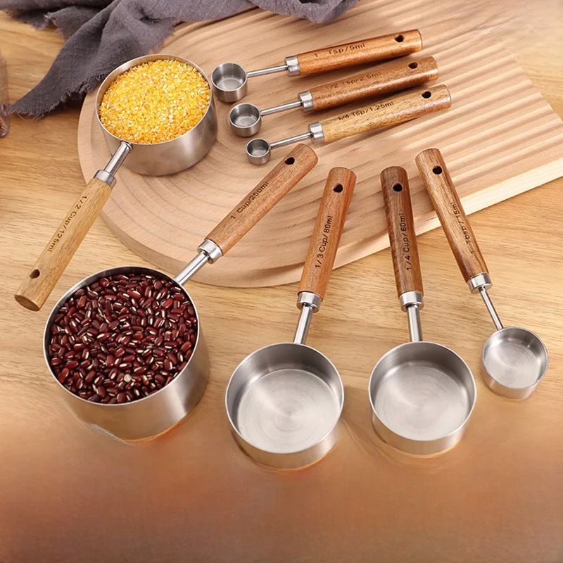 Stainless Steel Titanium Golden Measuring Cup 8-Piece Set Wooden Handle Measuring Spoon Kitchen Tools Direct Supply