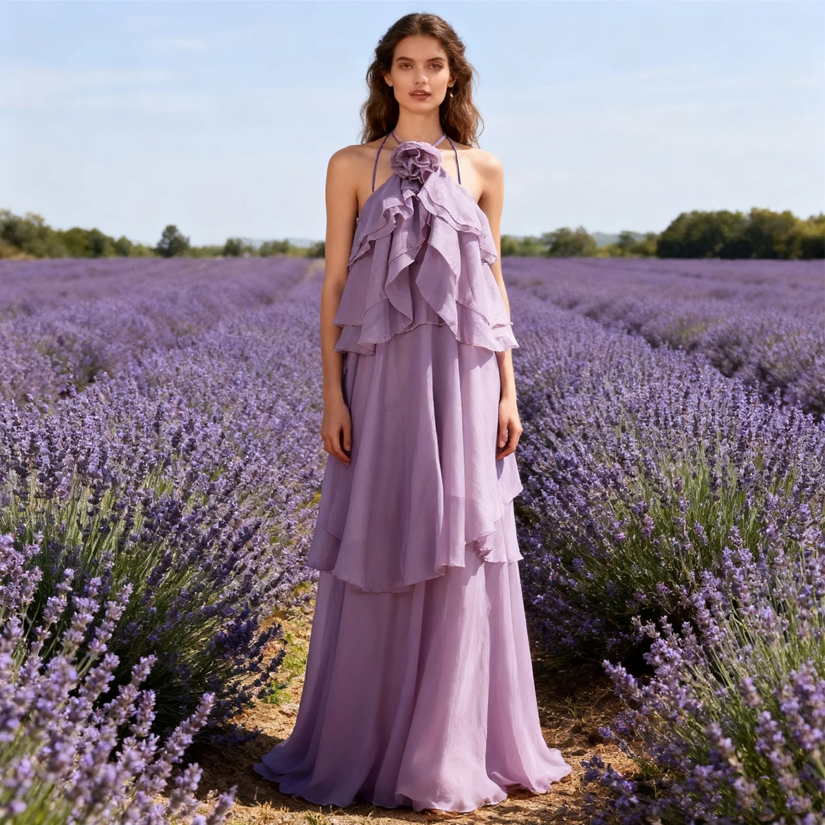 

Sexy Long Evening Dr Ne Hanging Tee Dimensional Floral Decoration Design Multi Layer Lotus Le Gown for Women