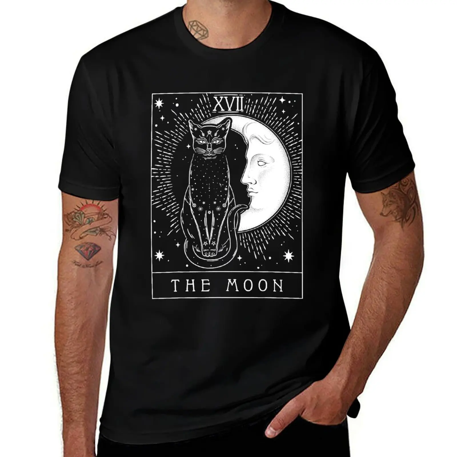 

Tarot Card Crescent Moon And Cat Graphic T-Shirt cute tops custom t-shirts boys whites mens funny t shirts