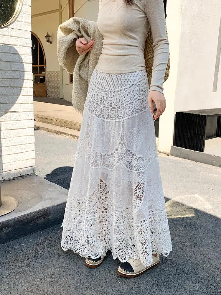 Boho Chic Crochet Maxi Skirt Elastic Waist Hollow-out Lace Skirt Women Summer Beach Vacation Long Skirts Bohemian Style