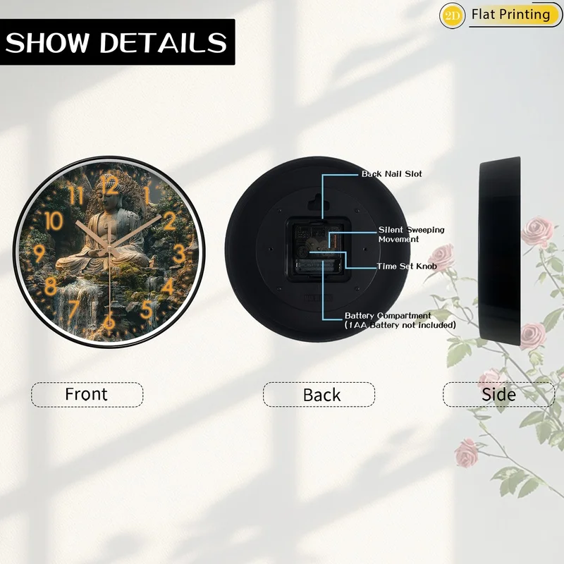 1 قطعة تمثال بوذا محاط بالشلالات البلاستيكية الصامتة ساعة الحائط ديكور المنزل الأنيق اختيار رائع لهدايا السنة الجديدة