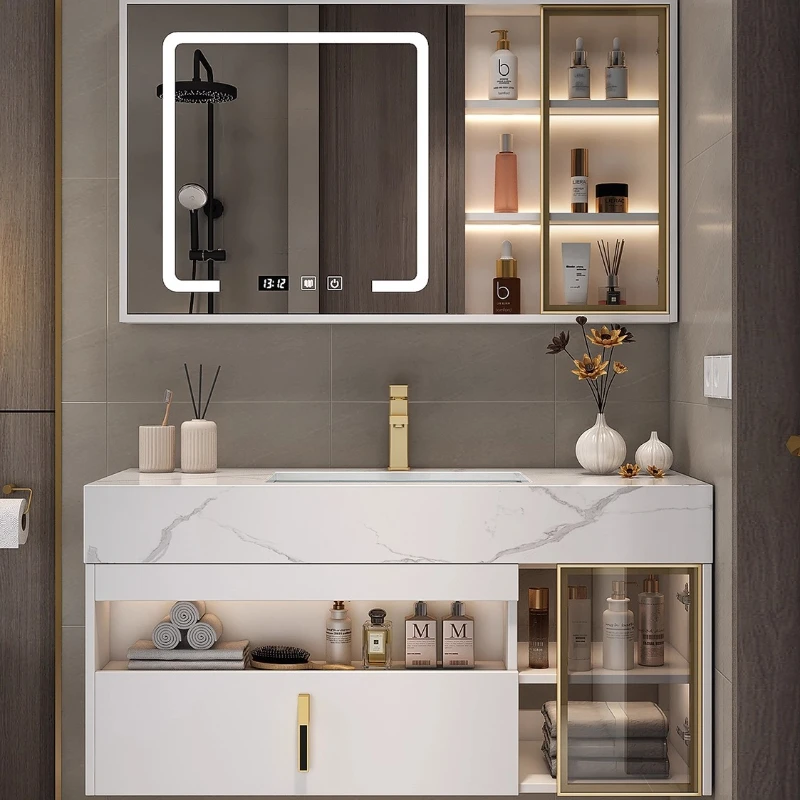 Light Luxury Shelf Bathroom Cabinet Intelligent Induction Double Washbasin Full Sets Solid Wood Furniture Bathroom Cabinet New