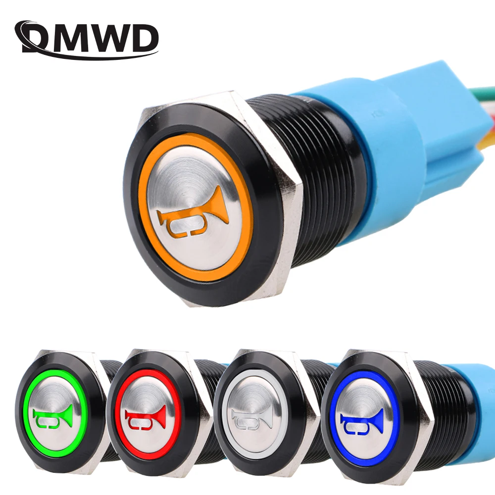 Металлические Водонепроницаемые кнопочные переключатели 19 мм, колокольчик, фотомагнитный сигнал 1NO 1NC IP65 с гнездом для автомобиля, постоянный ток 12-24 В