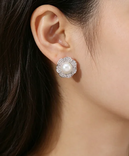 Floral Petal Pearl Center Stud Earrings, Full Pave Stone Flower Frame Statement Earrings For Daily Evening Party