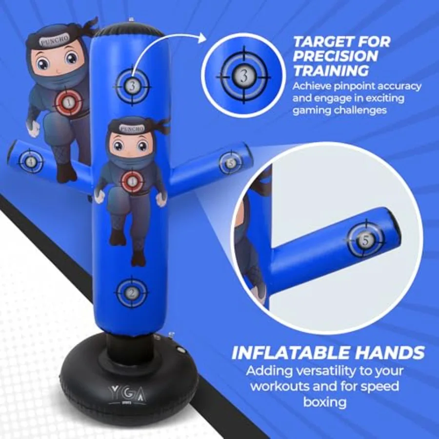 PUNCHO El saco de boxeo para: juego de saco de boxeo estable 3-12 - 63 sacos de boxeo inflables para niños 3-8 con bomba de guantes y libro electrónico - Fas
