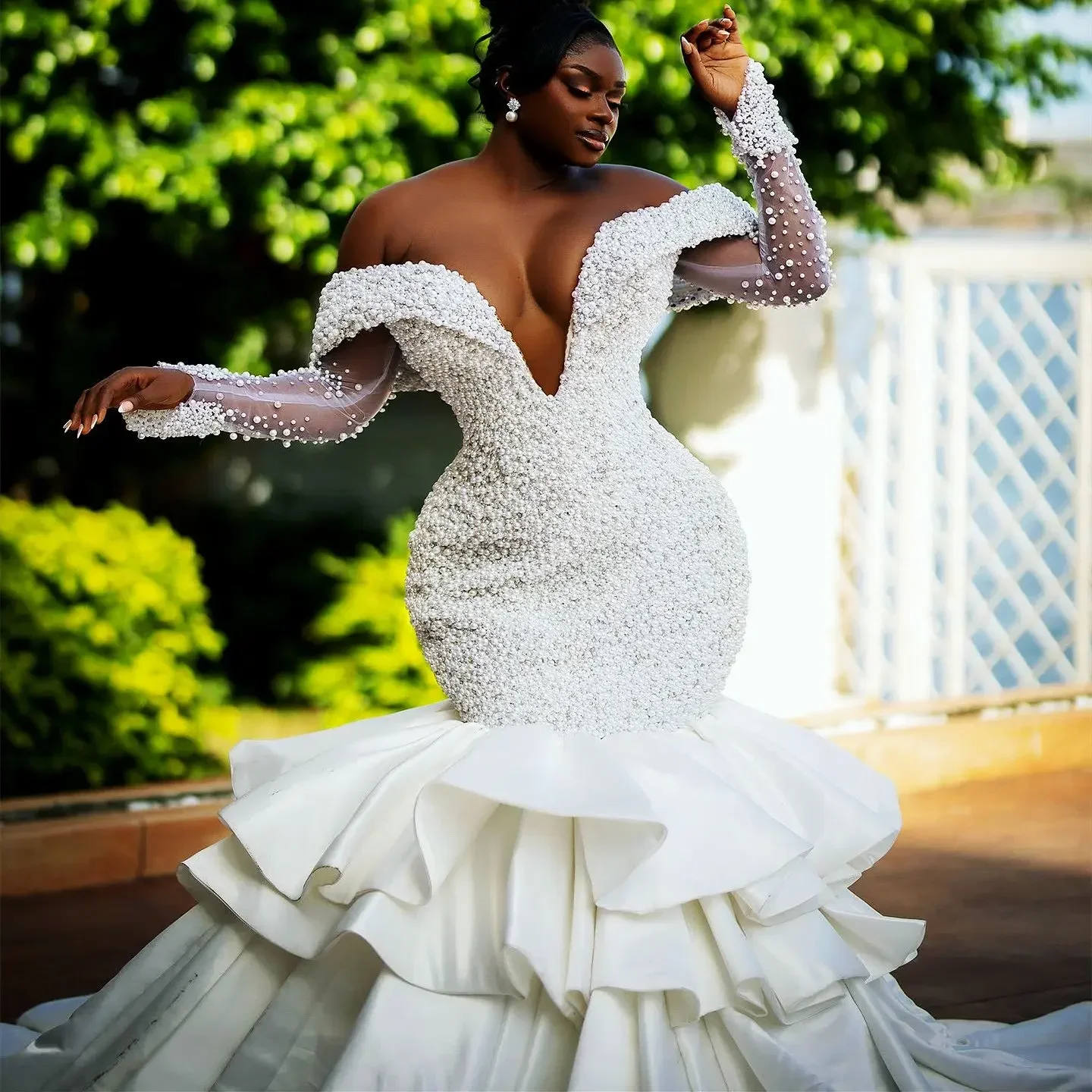 Personalizado plus size marfim sereia vestidos de casamento luxuoso pérolas mangas completas vestidos de noiva vestido de novia