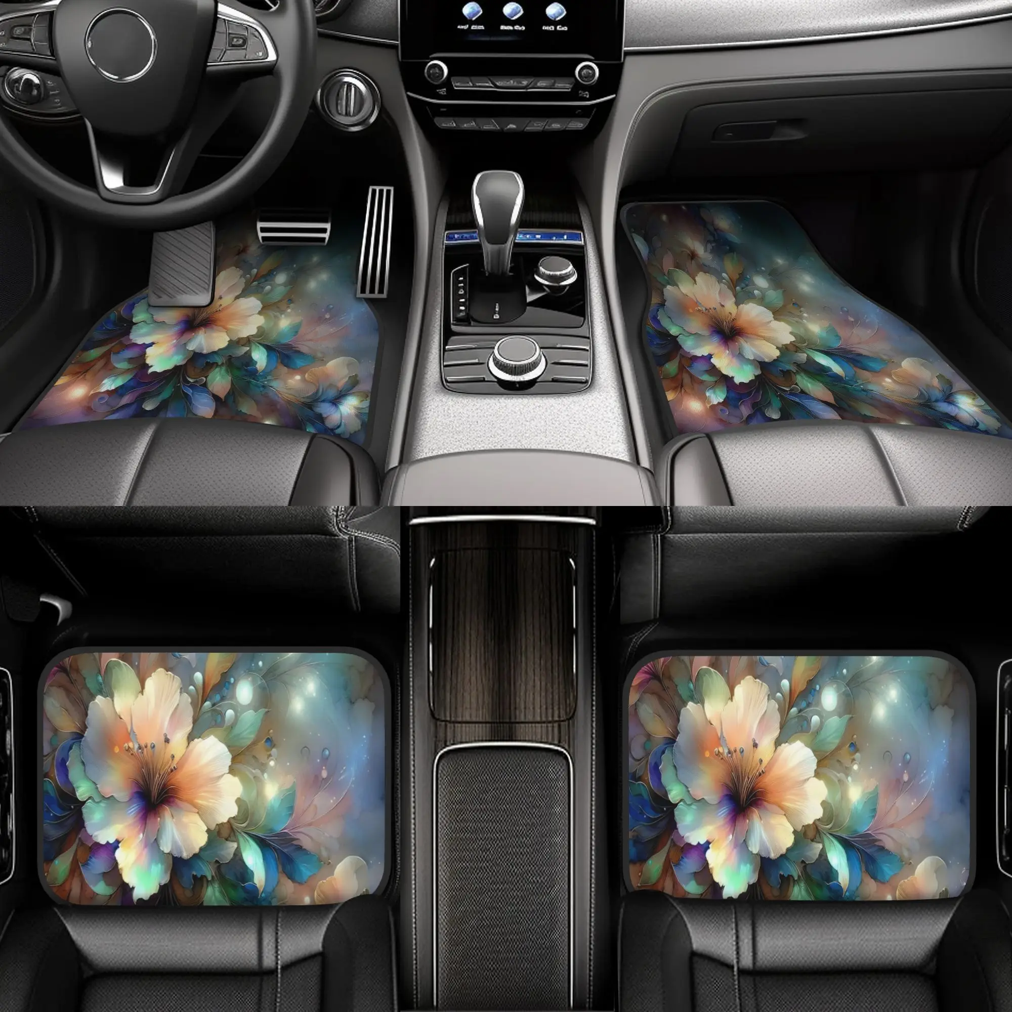 4pcs Abstract Painting Of A Bunch Of Flowers On A Dark Background Pattern Universal Car Floor Mats - Polyester Material, Non-Sli