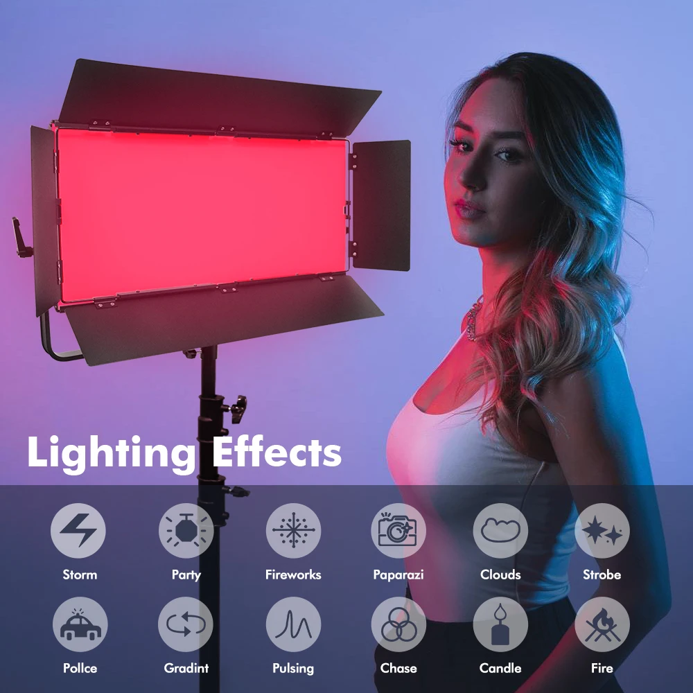 200W/300W RGB Video Light Metal Shell Panel with Barn Doors for Photography and Streaming APP/DMX/Remote Control for Pro Studio