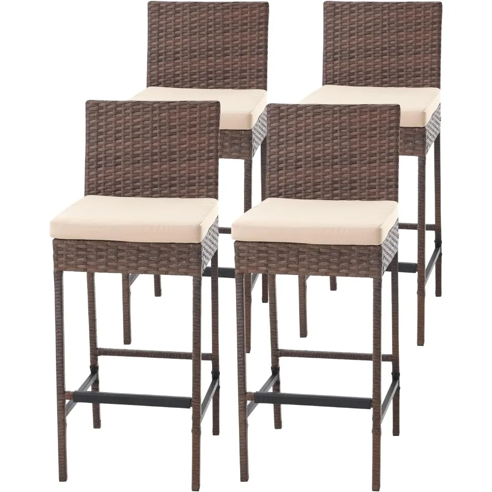 

Rattan Bar Stools Set of 4, Patio Wicker Barstools with Cushions, Patio Bar Chairs Armless for Backyard, Poolside, Deck (Brown)