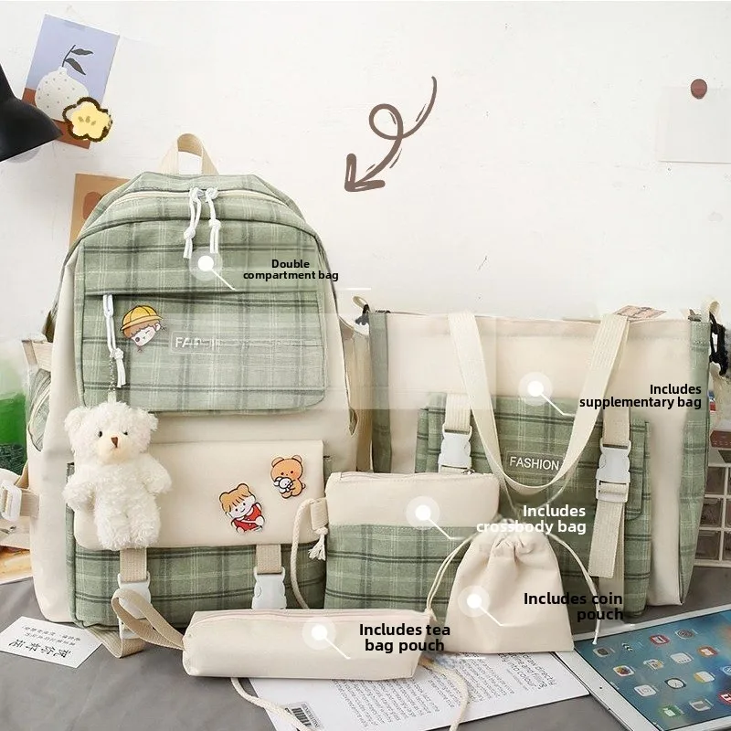 

Girls School Bapa 2025 New Sle Junior High Universi High School Children Plaid Double oulder Bag Canvas Zipper Closure
