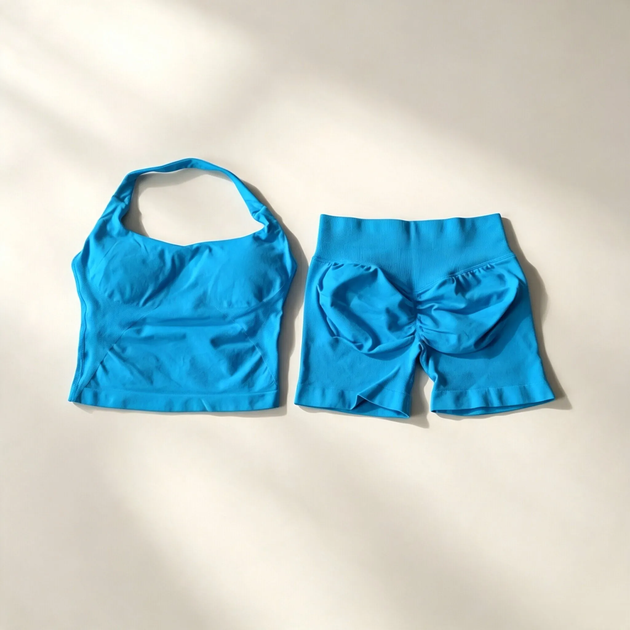 Dneyf 1D-3Y-2F Damen Neckholder Crop Sport-Top & Rüschen Scrunch Butt Shorts 2-teiliges Set Schnelltrocknendes Fitness Yoga Workout Outfit – Detail 23