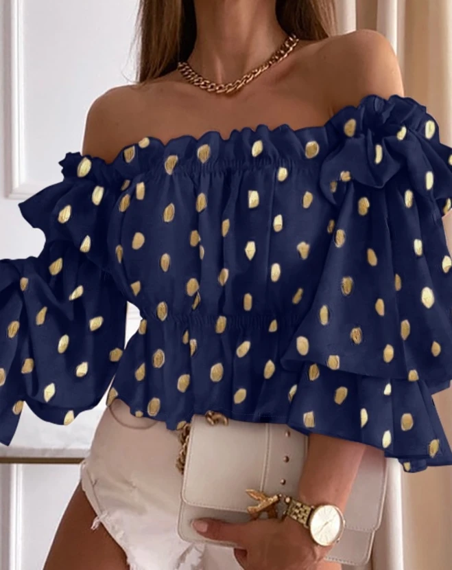 Top Women 2024 Spring Fashion Metallic Polka Dot Print Off Shoulder Bell Sleeve Casual Long Sleeve Frill Hem Daily Top