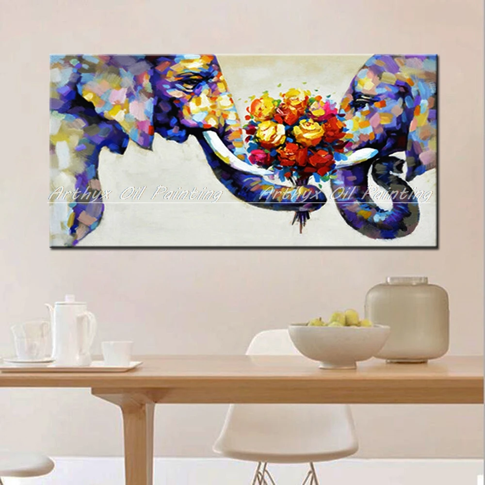 Arthyx Handpainted Abstract Elephant Couples Oil Painting On Canvas,Children's Room Decor,Pop Art Wall Picture For Home Deration